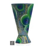 A Janice Tchalenko for Dartington Pottery vase of footed conical form, decorated in the Peacock