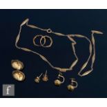 Four pairs of 9ct earrings to include a cameo and a citrine pair, with a broken fancy link chain,