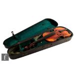 A violin labelled inside The Harrow, length 33.5cm, cased, A/F.