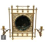 A late 19th Century aesthetic brass wall sconce inset with a small oval mirror painted with a wren