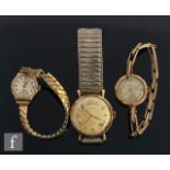 Three mid 20th Century 9ct wrist watches, a Helvetia, a Benson and a Tempo example, two to a gilt