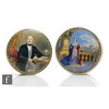 Two late 19th Century Staffordshire pot lids and bases, the first with Queen Victoria on Balcony,