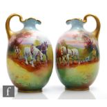 A mirrored pair of early 20th Century Royal Doulton jugs decorated by Harry Nixon with hand