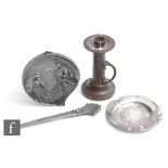 A collection of Art Nouveau pewter items, to include a peacock design letter opener stamped 'Jacob',