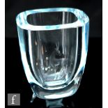 A small Stromberg clear crystal glass vase of rounded square section with heavy cased wall, engraved