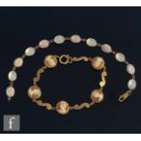 Two 9ct hallmarked stone set bracelets, a five stone cameo and a thirteen stone mother of pearl