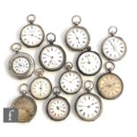 Twelve assorted continental open faced cylinder fob watches to include key and crown wind