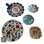 Five pieces of assorted 1930s Art Deco Longwy comprising an octagonal dish and a small pin dish,