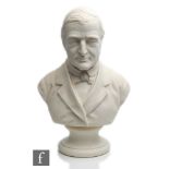 A 19th Century Parian bust of Ralph Waldo Emerson raised to a socle base, unmarked, incised R.W.