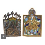 A 19th Century Russian orthodox brass and enamel icon depicting the Madonna and Christ child, 11.5cm