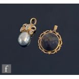 A 14ct South Sea pearl and diamond pendant, with a similar 9ct hallmarked blue john example. (2)