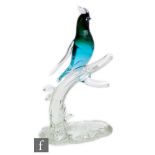 A 20th Century Murano glass sculpture of a stylised bird, in graduated teal with applied clear