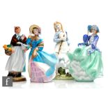 Four Royal Doulton lady figurines comprising Top o'the Hill HN1833, Delphine HN2136, Country Lass