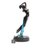 A late 20th Century Art Deco style bronze naked figure of a leaping maiden with pale blue drape,