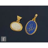 An 22ct oval pendant set with central lapis lazuli, weight 5g, with a similar 18ct example set