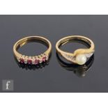 Two 9ct hallmarked stone set rings, a ruby and diamond and a cultured pearl and diamond example,