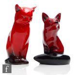 Two Royal Doulton Flambe animals comprising a seated cat and a fox, both with printed marks, tallest