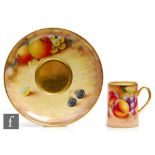 A later 20th Century Royal Worcester Fallen Fruits saucer decorated by Smith with hand painted