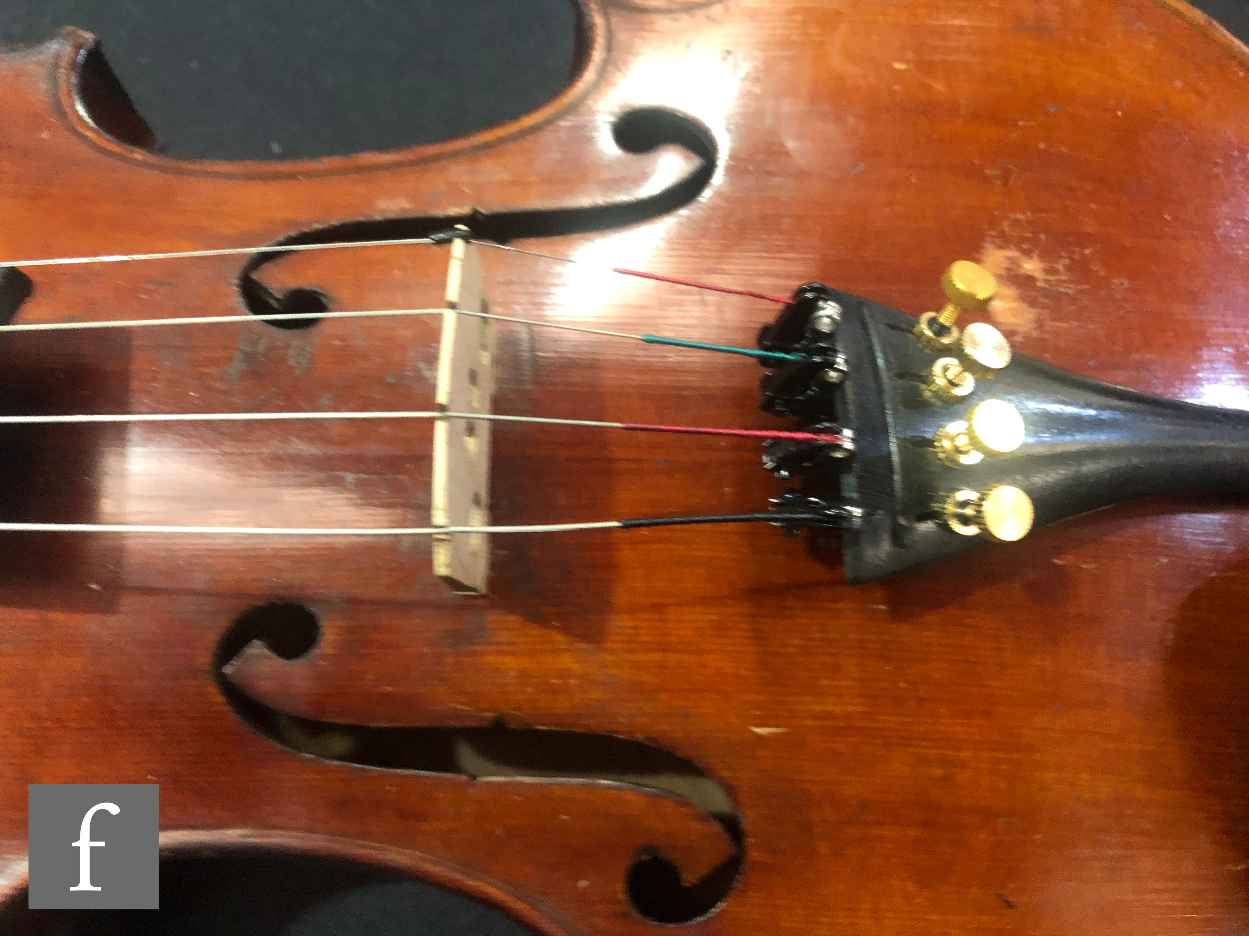 A late 19th Century German violin, length 36cm, and a bow, in later black zip case. - Image 10 of 16