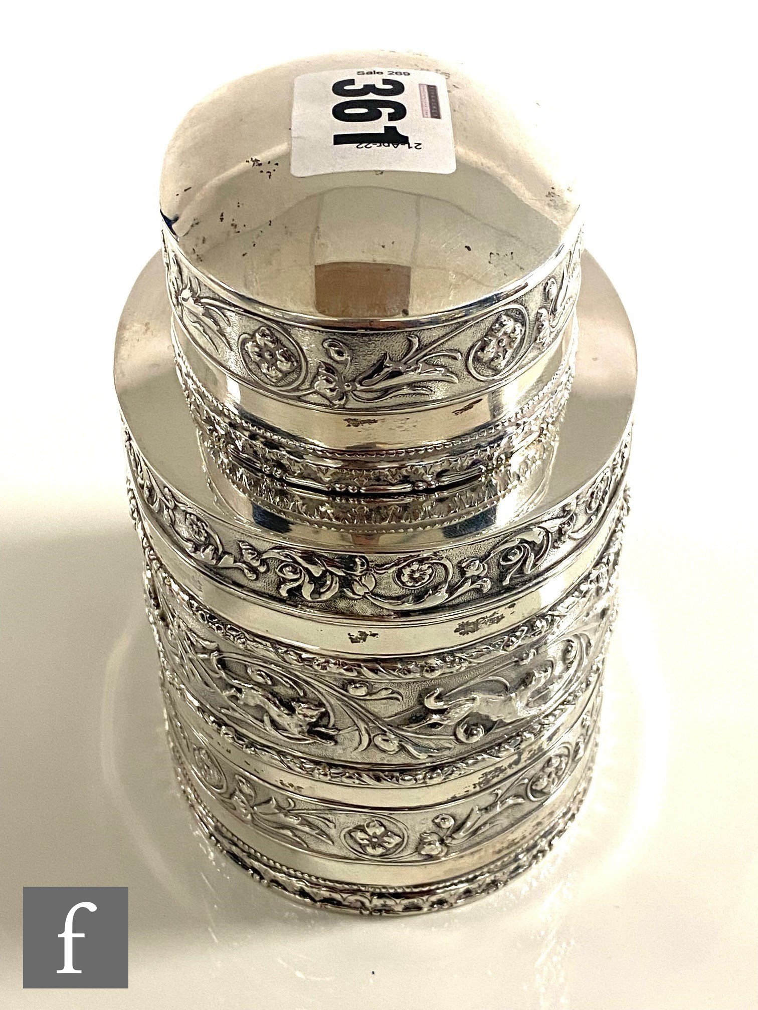 A hallmarked silver oval tea caddy with banded embossed foliate scroll decoration to body and pull - Image 5 of 5