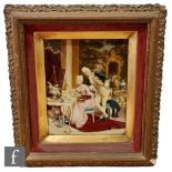 A Victorian crystoleum of a lady painting with her suitor in Regency attire, gilt framed and felt