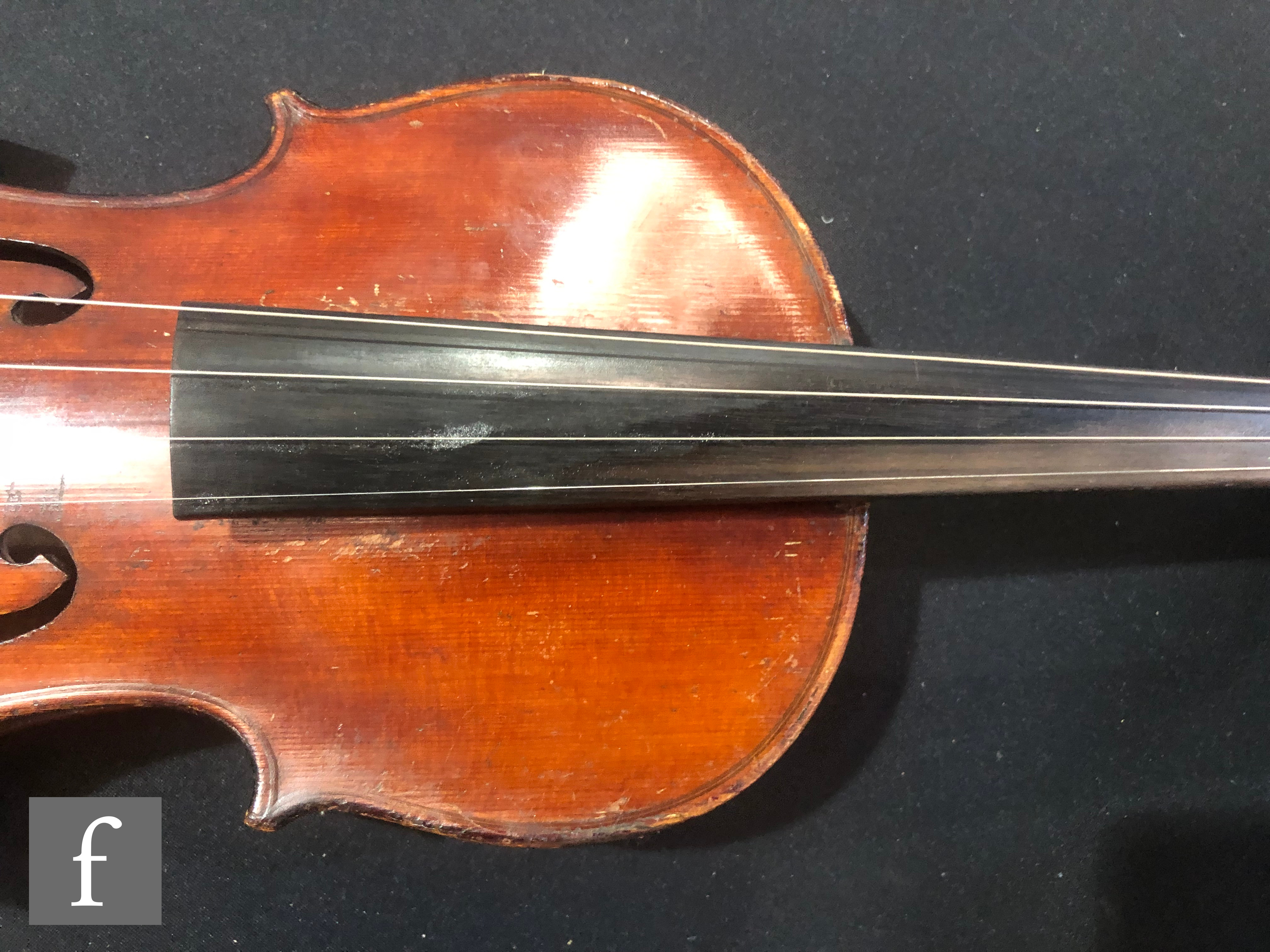 A late 19th Century German violin, length 36cm, and a bow, in later black zip case. - Image 5 of 16