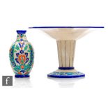 A large 1930s Art Deco Longwy pedestal comport decorated with yellow flowers over a blue ground, the
