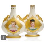 A pair of 19th Century Kerr and Binns Worcester porcelain vases of flattened bottle form, each