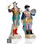 Two 19th Century Meissen type theatrical figurines, the first modelled as a gentleman dressed in