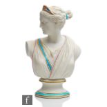 A 19th Century Parian bust, possibly depicting Diana, raised to a socle base with blue and purple