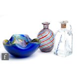 A post war Italian Murano glass bowl by AV.E.M, of triform cased in blue over a Tutti Frutti