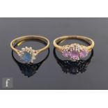 Two 9ct hallmarked stone set cluster rings, an amethyst and diamond and a sapphire and diamond