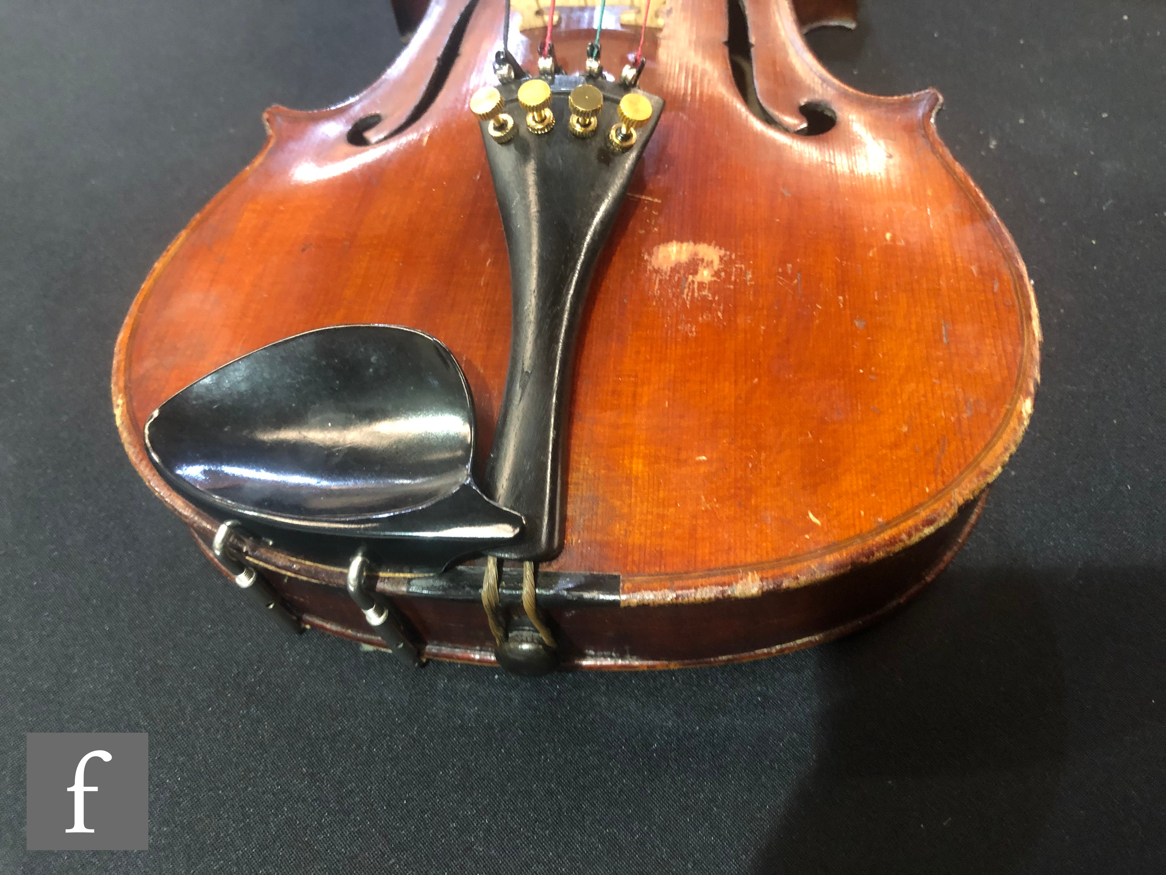 A late 19th Century German violin, length 36cm, and a bow, in later black zip case. - Image 2 of 16