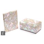 A late 19th Century mother of pearl card case, width 8cm, and a similar silk lined box, width