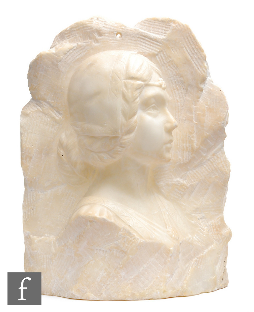 A 20th Century continental Art Deco style carved white marble side profile bust of a maiden with