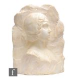 A 20th Century continental Art Deco style carved white marble side profile bust of a maiden with