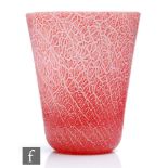 A 1930s Monart glass vase, shape OE, of tumbler form, with graduated red and white fissured