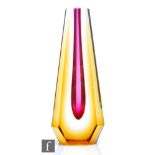 A 1970s Exbor Glassworks Monolith vase designed by Pavel Hlava, the red core cased in orange and