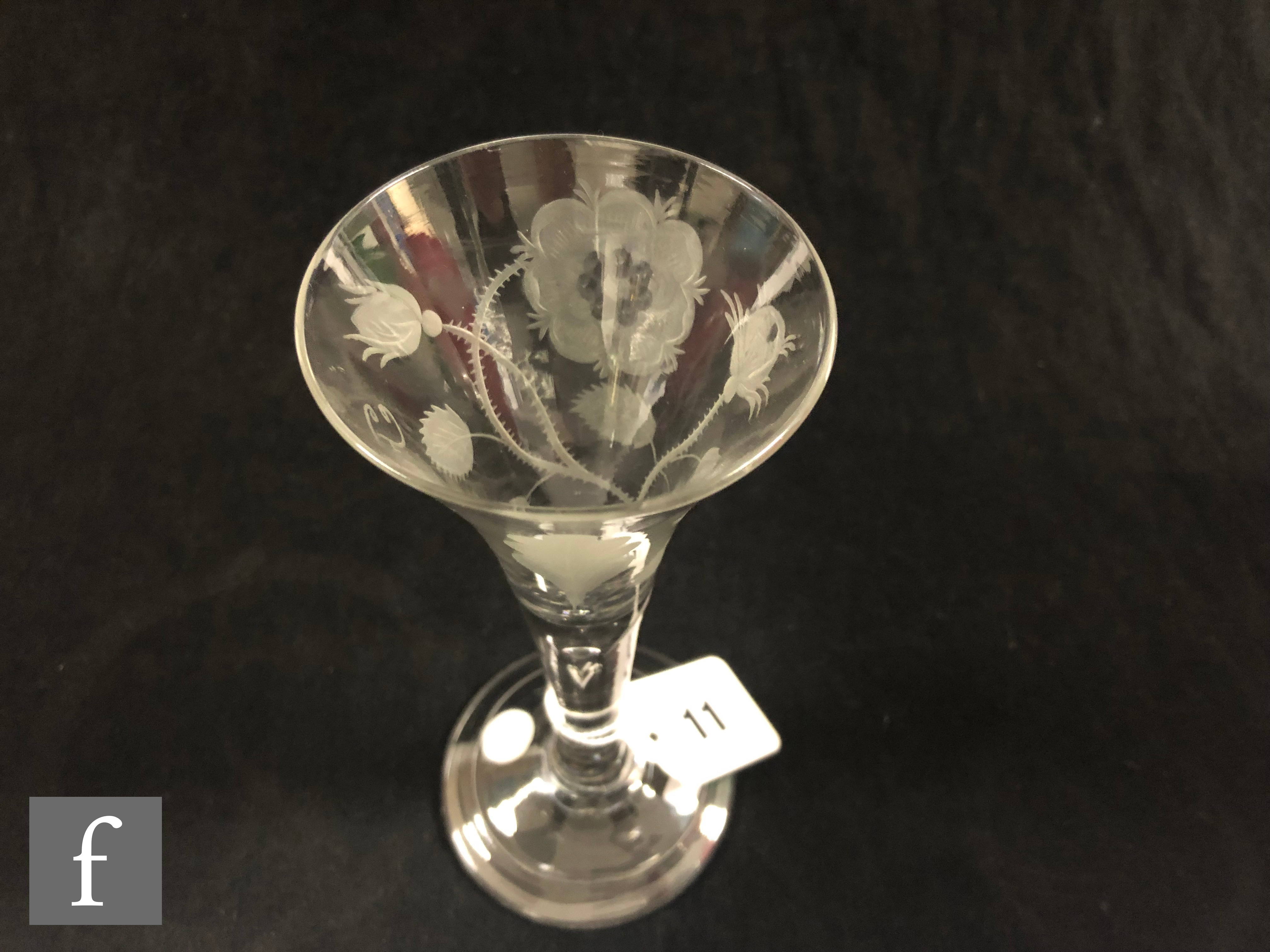 An 18th Century Jacobite two piece drinking glass, circa 1750, the drawn trumpet bowl engraved - Image 5 of 9