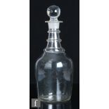 A magnum shoulder decanter, circa 1750, three ring neck with large plain spherical stopper, height