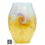 A 1930s Monart glass vase of swollen form with a squat collar neck, shape XD, decorated in a pale