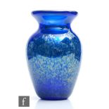 A contemporary Okra glass vase of ovoid form with flared rim, the iridescent deep blue body