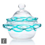 A 1930s Gray-Stan lidded glass bowl, decorated with green interwoven loops over the clear crystal