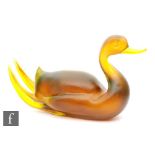 A later 20th Century Murano Sommerso glass figure of a duck, attributed to Cenedese with a two