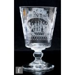 An early 19th Century Masonic glass rummer, circa 1810, the large bucket bowl engraved with