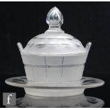 A 19th Century clear crystal glass butter dish in the form of a coopered barrel with cut and