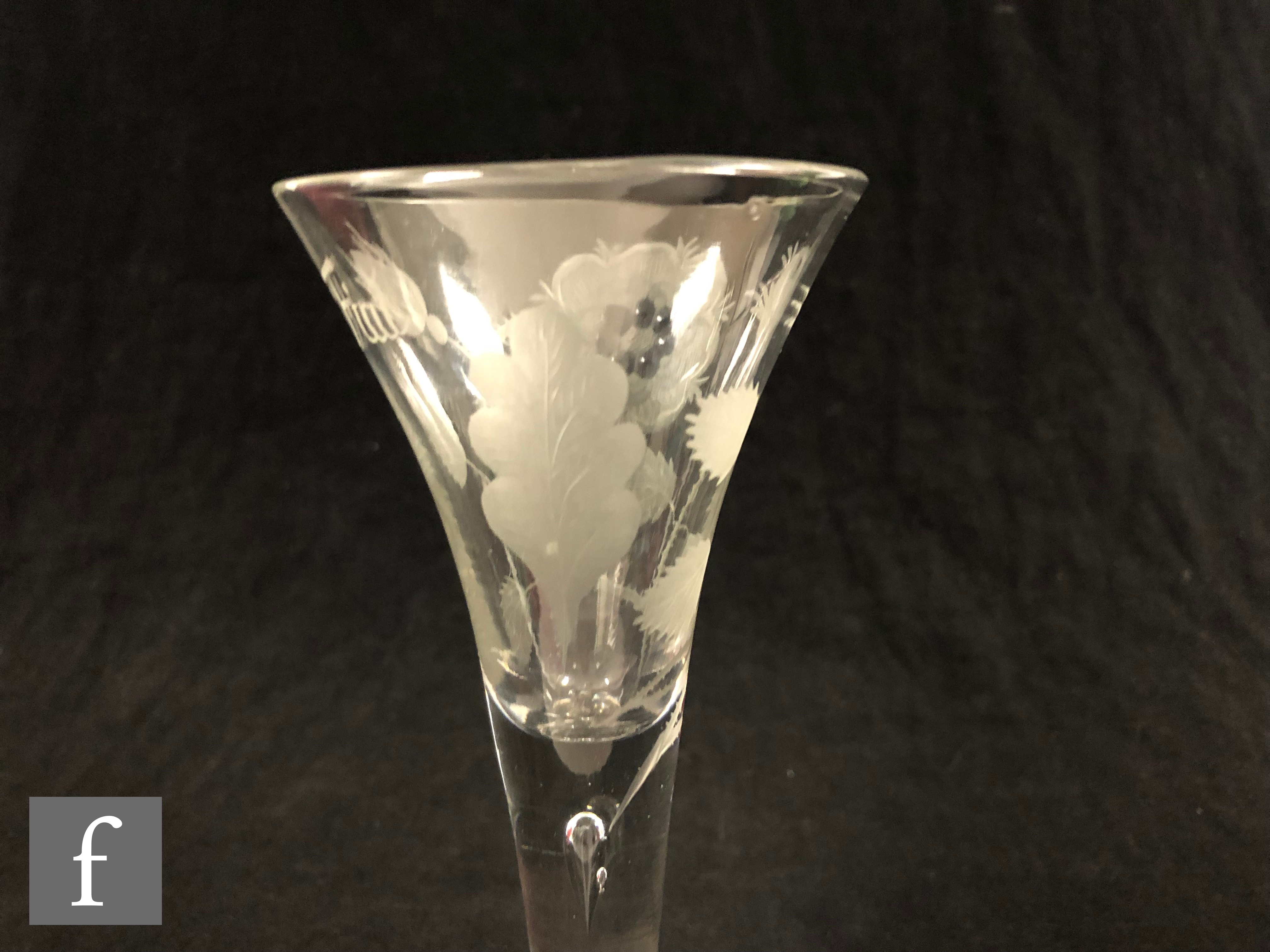 An 18th Century Jacobite two piece drinking glass, circa 1750, the drawn trumpet bowl engraved - Image 4 of 9