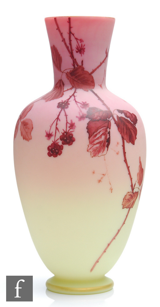 A late 19th Century Thomas Webb and Sons Queens Burmese vase of shouldered ovoid form with slender