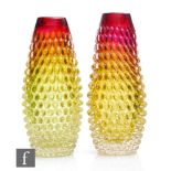 A pair of 1970s Prachen torpedo vases designed by Frantisek Kouldeka in pink and yellow, height