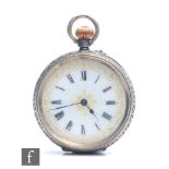 An early 20th Century French silver open faced crown wind fob watch, Roman numerals to a white